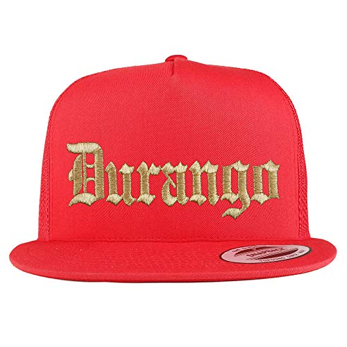 Trendy Apparel Shop Old English Durango Gold Embroidered 5 Panel Flatbill Trucker Mesh Cap