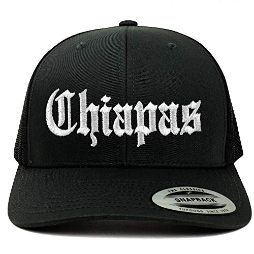 Trendy Apparel Shop Old English Chiapas White Embroidered Retro Trucker Mesh Cap