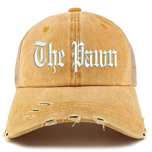 Trendy Apparel Shop The Pawn Old English Embroidered Frayed Bill Trucker Mesh Back Cap
