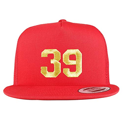 Trendy Apparel Shop Number 39 Gold Thread Embroidered Flat Bill 5 Panel Trucker Cap