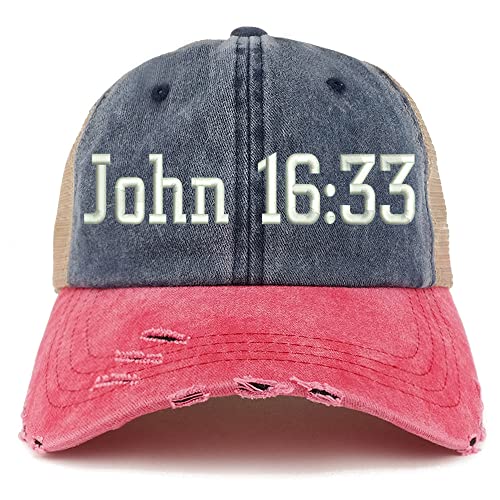 Trendy Apparel Shop John 16:33 Frayed Bill Trucker Mesh Back Cap