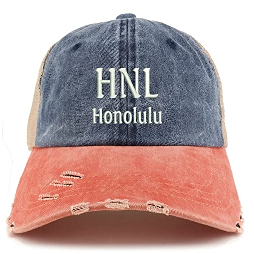 Trendy Apparel Shop HNL Honolulu Embroidered Frayed Bill Trucker Mesh Back Cap