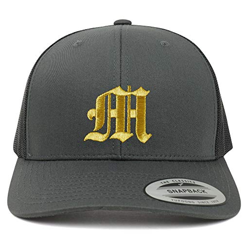 Trendy Apparel Shop Old English Gold M Embroidered Retro Trucker Mesh Baseball Cap
