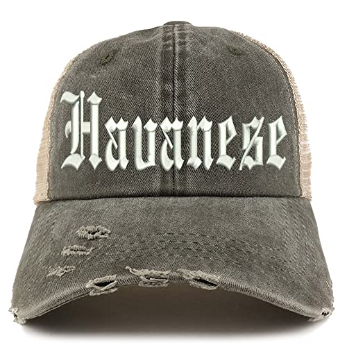 Trendy Apparel Shop Old English Havanese Frayed Bill Trucker Mesh Back Cap