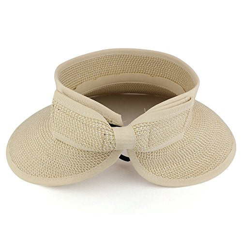 Trendy Apparel Shop Womens UPF 50+ Paper Braid Rolled UV Protection Visor Hat with Bow