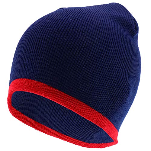 Trendy Apparel Shop Two Tone Color Bottom Striped Short Knit Winter Beanie Hat