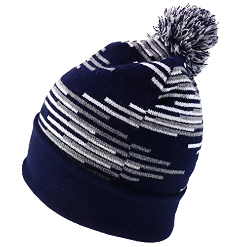 Trendy Apparel Shop Made in USA Staggered Bar Pattern Pom Pom Long Cuff Beanie