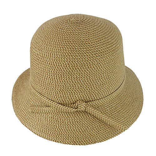 Trendy Apparel Shop Women's UPF 50+ Paper Braid Tweed Ribbon Band Bucket Hat