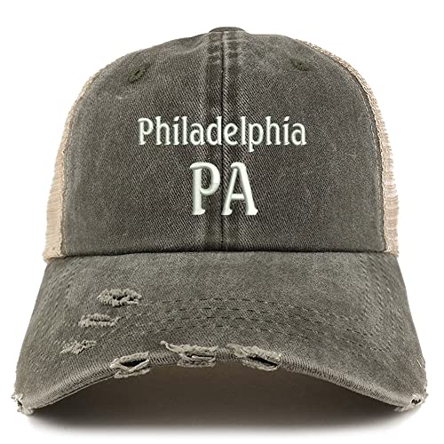 Trendy Apparel Shop Philadelphia PA Embroidered Frayed Bill Trucker Mesh Back Cap