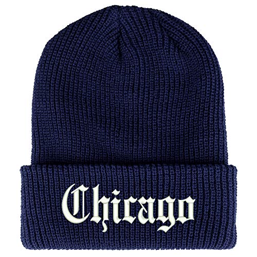 Trendy Apparel Shop Old English Font Chicago City Embroidered Ribbed Cuff Knit Beanie
