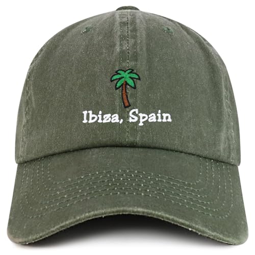 Trendy Apparel Shop Ibiza Spain with Palm Tree Embroidered Pigment Dyed Cotton Baseball Cap