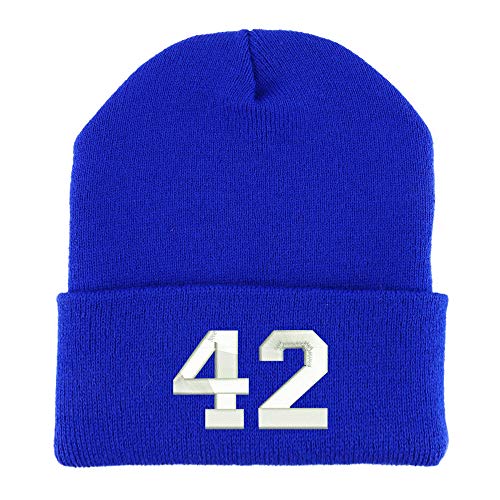 Trendy Apparel Shop Number 42 Collegiate Varsity Embroidered Made in USA Cuff Folded Acylic Knit Winter Beanie Hat