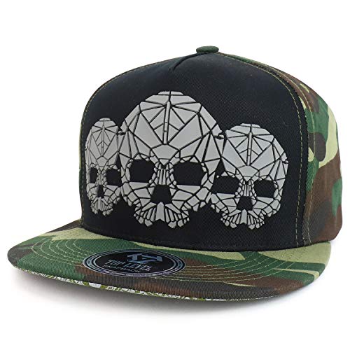 Trendy Apparel Shop Rubber Three Skulls 5 Panel Flatbill Snapback Cap