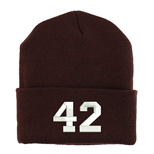 Trendy Apparel Shop Number 42 Collegiate Varsity Embroidered Made in USA Cuff Folded Acylic Knit Winter Beanie Hat