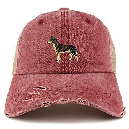 Trendy Apparel Shop Dark German Shepherd Dog Embroidered Frayed Bill Trucker Mesh Back Cap