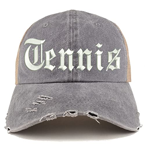 Trendy Apparel Shop Old English Tennis Frayed Bill Trucker Mesh Back Cap