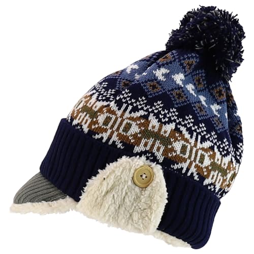 Trendy Apparel Shop Youth Size Kid's Warm Acrylic Brim Knit Winter Print Trapper Hat with Pom Pom