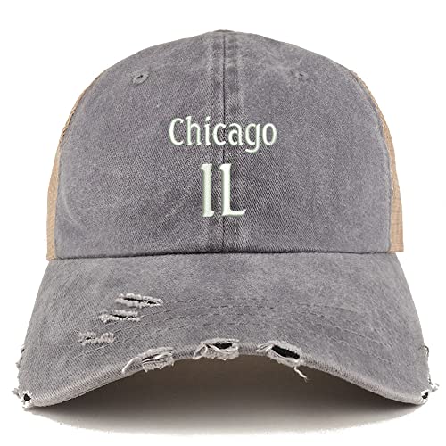 Trendy Apparel Shop Chicago IL Embroidered Frayed Bill Trucker Mesh Back Cap