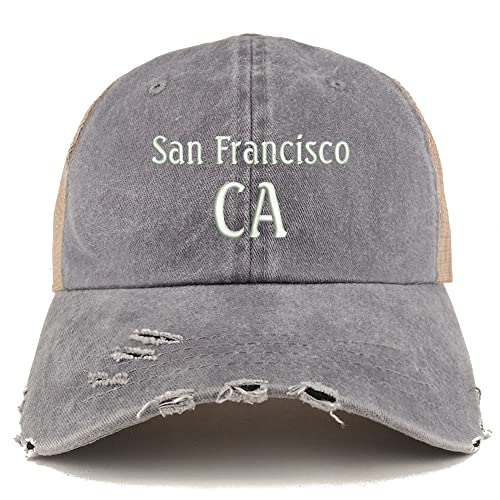 Trendy Apparel Shop San Francisco CA Embroidered Frayed Bill Trucker Mesh Back Cap
