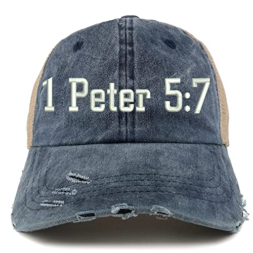 Trendy Apparel Shop 1 Peter 5:7 Frayed Bill Trucker Mesh Back Cap