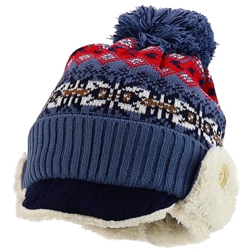 Trendy Apparel Shop Youth Size Kid's Warm Acrylic Brim Knit Winter Print Trapper Hat with Pom Pom