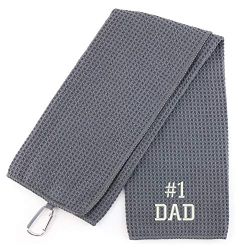 Trendy Apparel Shop Number #1 Dad Embroidered Trifold Waffle Textured Microfiber Gold Towel with Carabiner