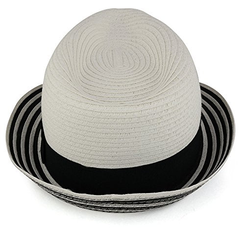 Trendy Apparel Shop Ladies Stylish Striped Brim Paper Braid Fedora with Hat Band