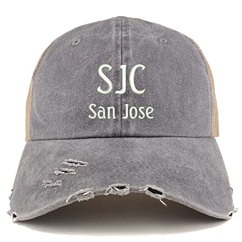 Trendy Apparel Shop SJC San Jose Embroidered Frayed Bill Trucker Mesh Back Cap