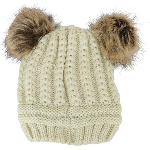 Trendy Apparel Shop Kid's Youth Size Girls Cable Knit Fur Pom Ears Beanie Hat