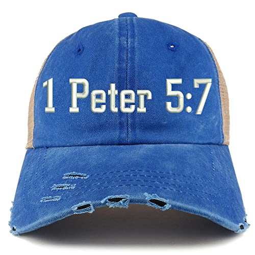Trendy Apparel Shop 1 Peter 5:7 Frayed Bill Trucker Mesh Back Cap