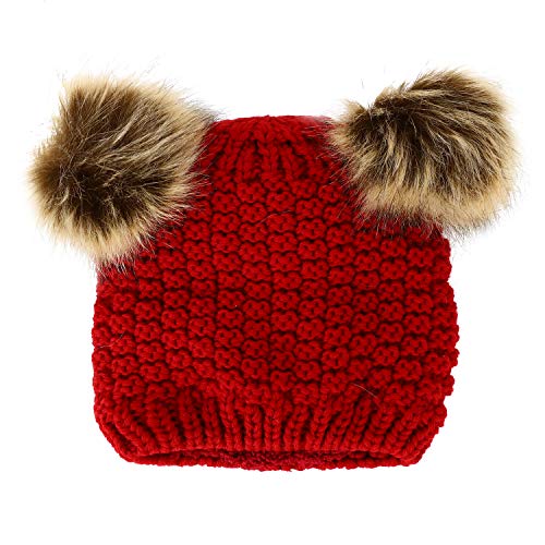 Trendy Apparel Shop Kid's Youth Size Girls Fur pom Ears Crochet Knit Beanie Hat