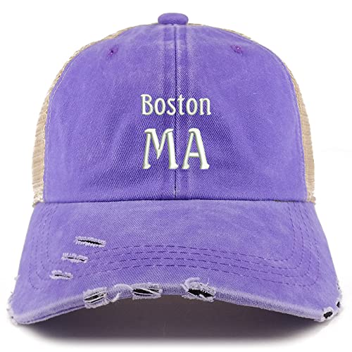 Trendy Apparel Shop Boston MA Embroidered Frayed Bill Trucker Mesh Back Cap