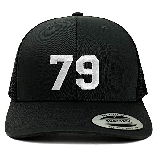 Trendy Apparel Shop Number 79 White Thread Embroidered Retro Trucker Mesh Cap