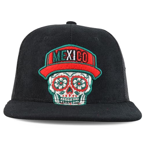 Trendy Apparel Shop Dia De Los Muerto Skull Embroidered Mesh Back Corduroy Cap
