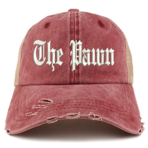 Trendy Apparel Shop The Pawn Old English Embroidered Frayed Bill Trucker Mesh Back Cap