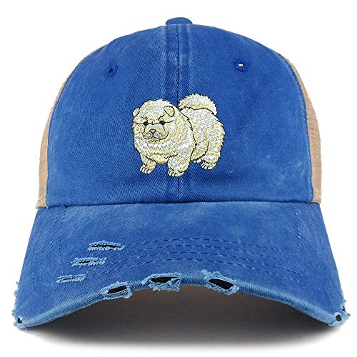 Trendy Apparel Shop Chow Chow Dog Embroidered Frayed Bill Trucker Mesh Back Cap
