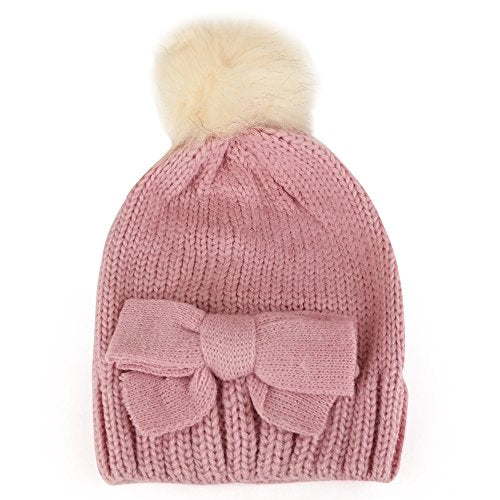 Trendy Apparel Shop Kid's Girl Bow Knit Beanie with Fur Pom Pom
