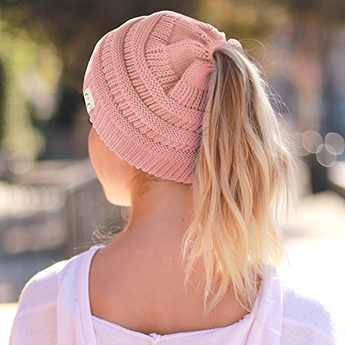 Trendy Apparel Shop Women's Lightweight Ribbed Knit 365 Stretchable Ponytail Beanie Cap