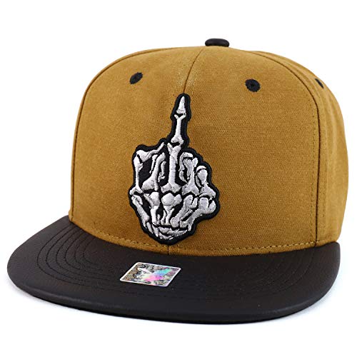 Trendy Apparel Shop Skull Finger Embroidered Leather Flatbill Snapback Cap