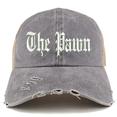 Trendy Apparel Shop The Pawn Old English Embroidered Frayed Bill Trucker Mesh Back Cap