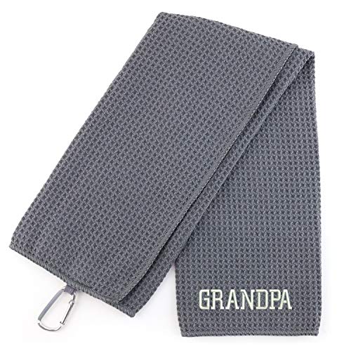 Trendy Apparel Shop Grandpa Embroidered Trifold Waffle Textured Microfiber Gold Towel with Carabiner