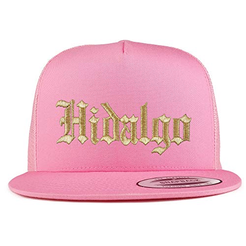 Trendy Apparel Shop Old English Hidalgo Gold Embroidered 5 Panel Flatbill Trucker Mesh Cap