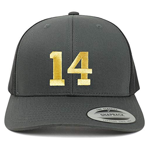 Trendy Apparel Shop Number 14 Gold Thread Embroidered Retro Trucker Mesh Cap - Black