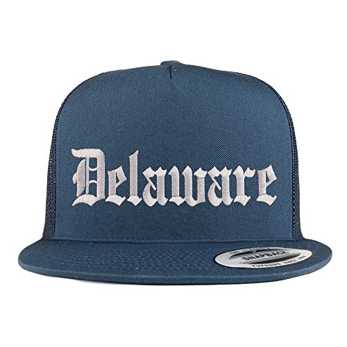 Trendy Apparel Shop Delaware State Old English 5 Panel Flatbill Trucker Mesh Cap