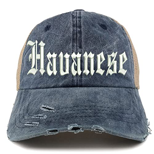 Trendy Apparel Shop Old English Havanese Frayed Bill Trucker Mesh Back Cap