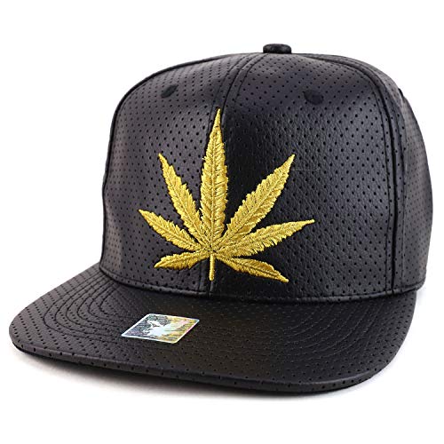 Trendy Apparel Shop Marijuana Leaf PU Leather Flatbill Snapback Baseball Cap