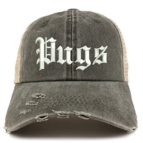 Trendy Apparel Shop Old English Pugs Frayed Bill Trucker Mesh Back Cap