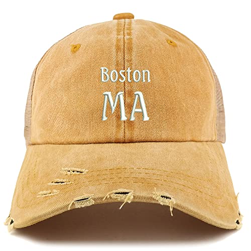 Trendy Apparel Shop Boston MA Embroidered Frayed Bill Trucker Mesh Back Cap