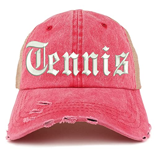 Trendy Apparel Shop Old English Tennis Frayed Bill Trucker Mesh Back Cap