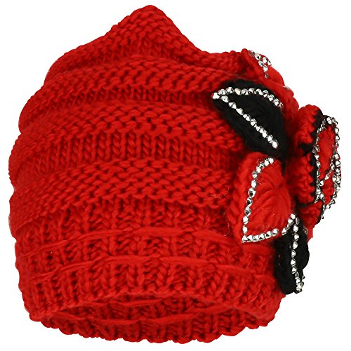 Trendy Apparel Shop Studded Floral Knitted Fleece Lined Beanie and Knit Scarf Set 2PC